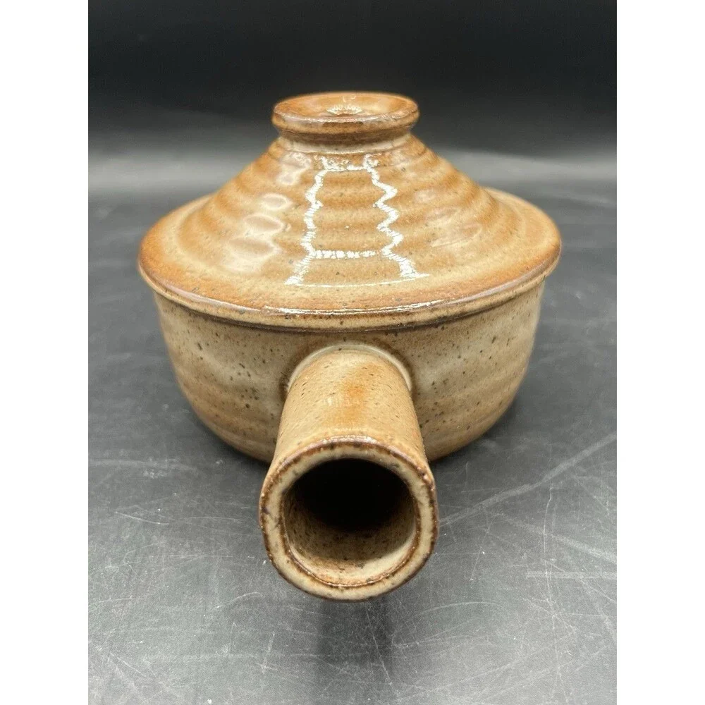 Vintage Brown Speckled Stoneware Soup Crock Bowl w Lid Side Handle Vented